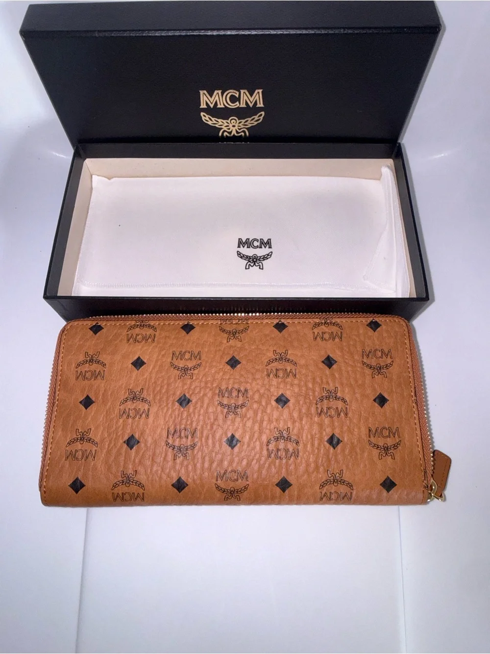 MCM Visetos Large Zip Around Wallet Cognac